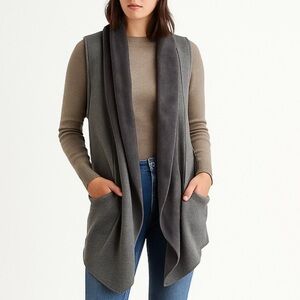 C. Oliver Gray Open Front Vest Large Soft Knit Drape Collar Pockets Cozy Layer